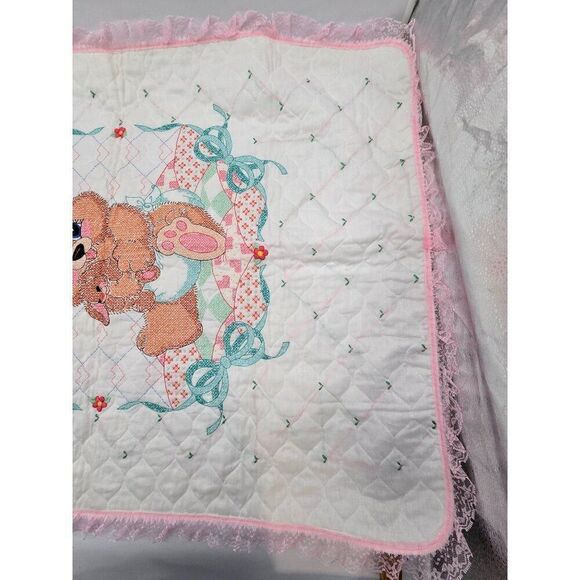Handmade Embroidered Baby Quilt With Adorable Teddy Bear & Bunny Design - Picture 6 of 11